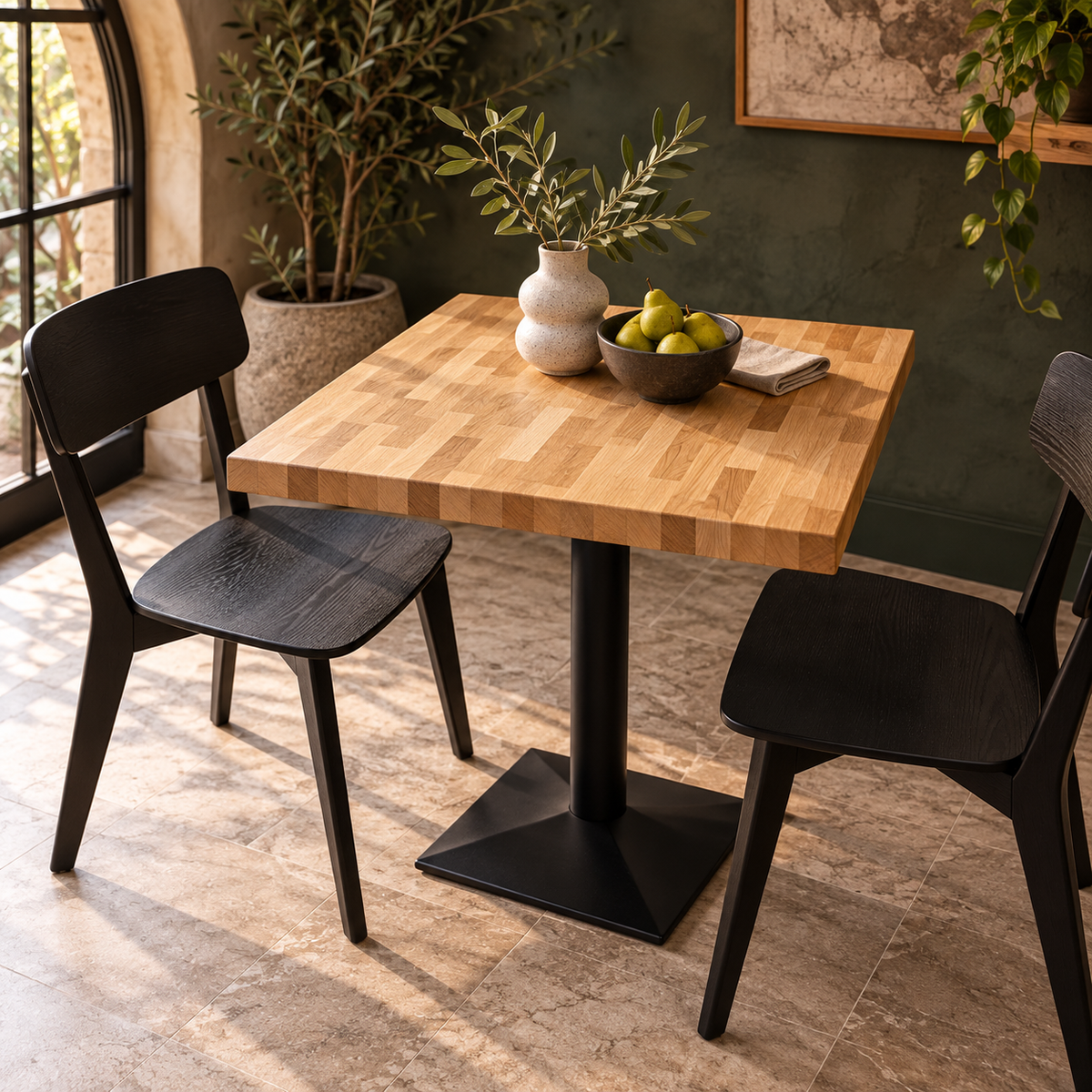 Stolik bistro dębowy Natura z czarną, żeliwną podstawą