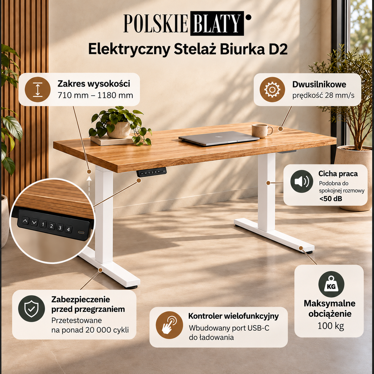 d2 dwusilnikowy stelaż biurka elektrycznego - biały