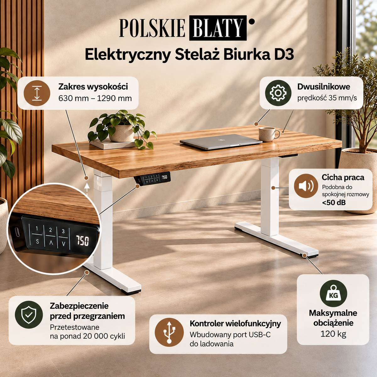 d3 premium dwusilnikowy stelaż biurka elektrycznego - biały