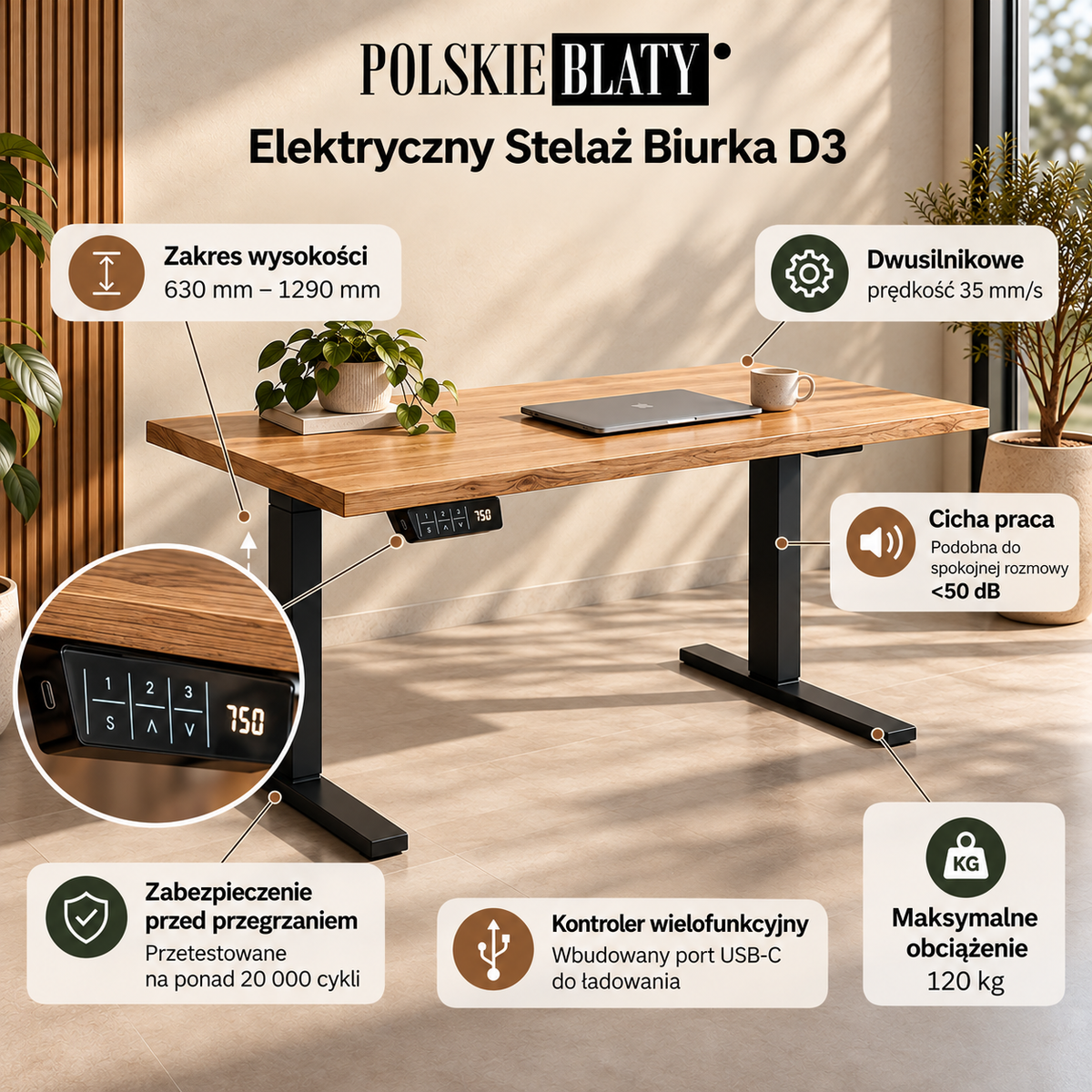 d3 premium dwusilnikowy stelaż biurka elektrycznego - czarny