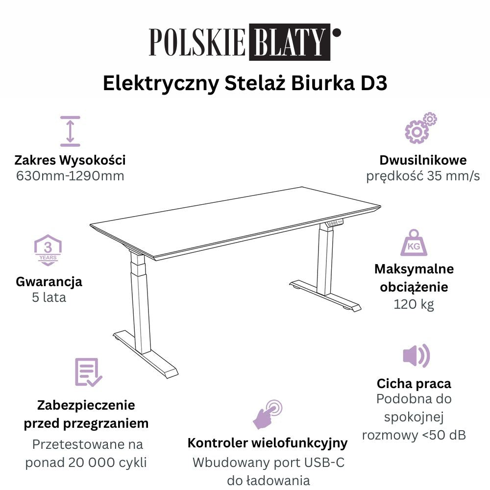 Dwusilnikowe D3 Premium Biurko Regulowane - Czarne z Blatem Dąb rustykalny naturalna krawędź - instrukcje