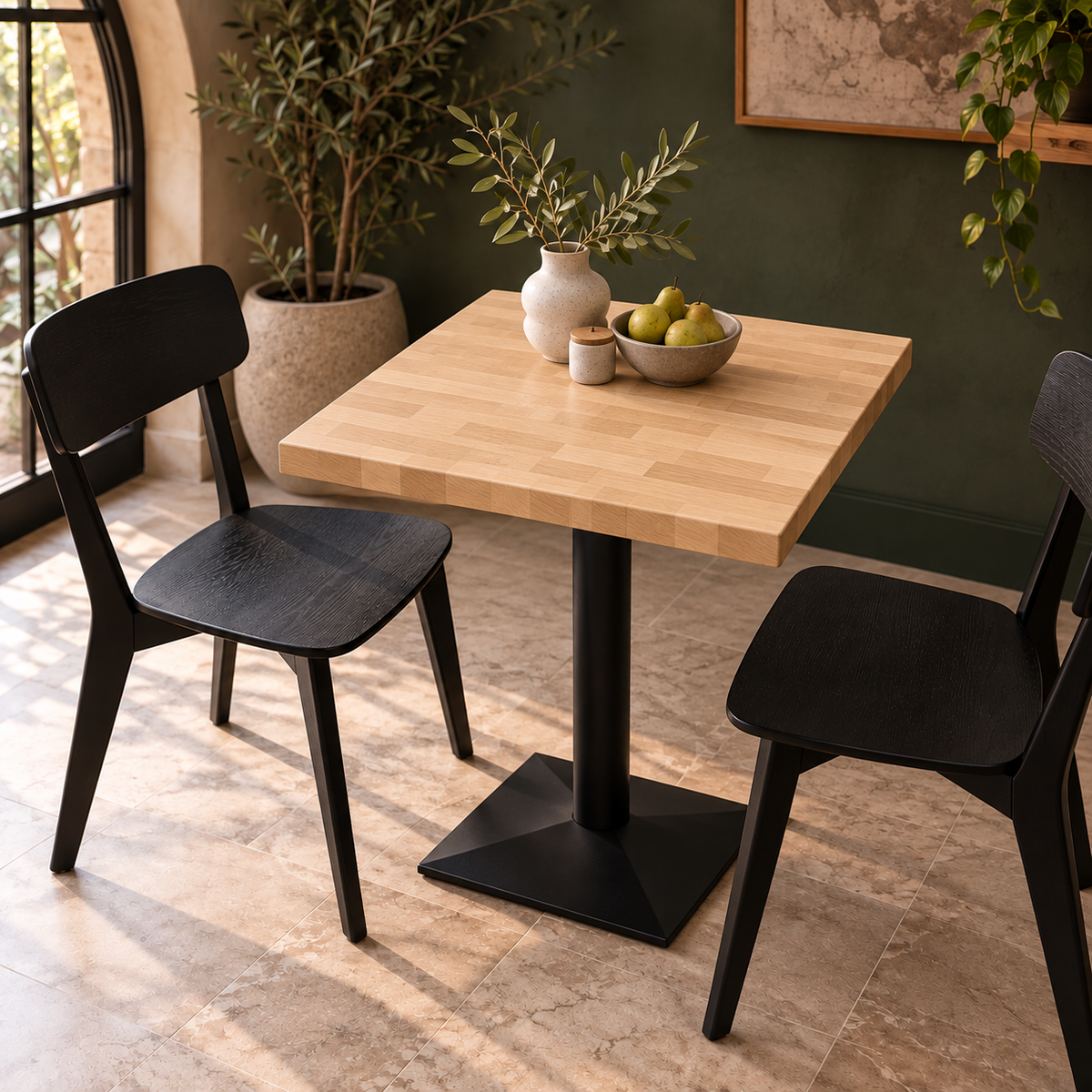 Stolik bistro dębowy Premium z czarną, żeliwną podstawą