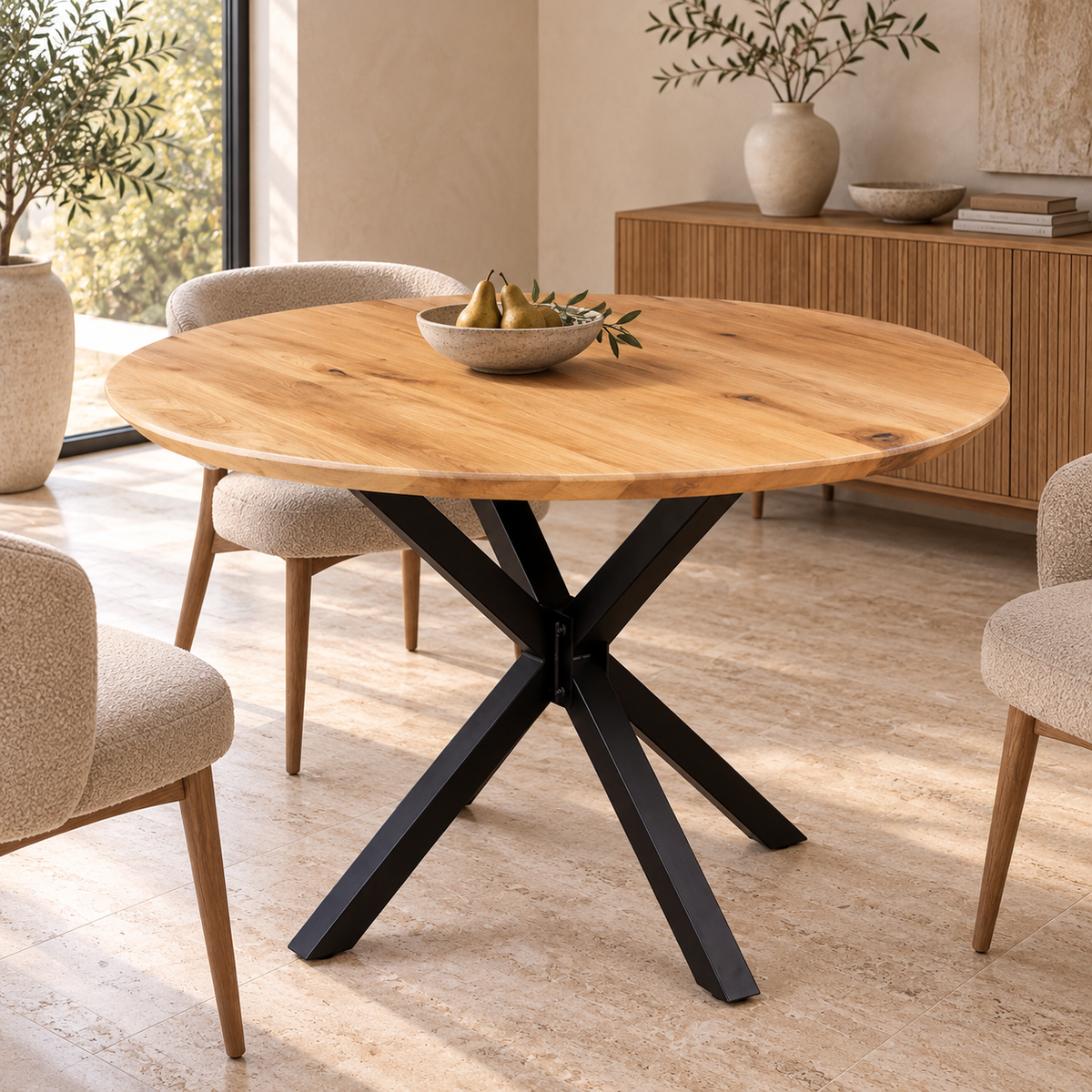 Stół okrągły dębowy 1100 mm – lity dąb rustykalny, noga SPIDER