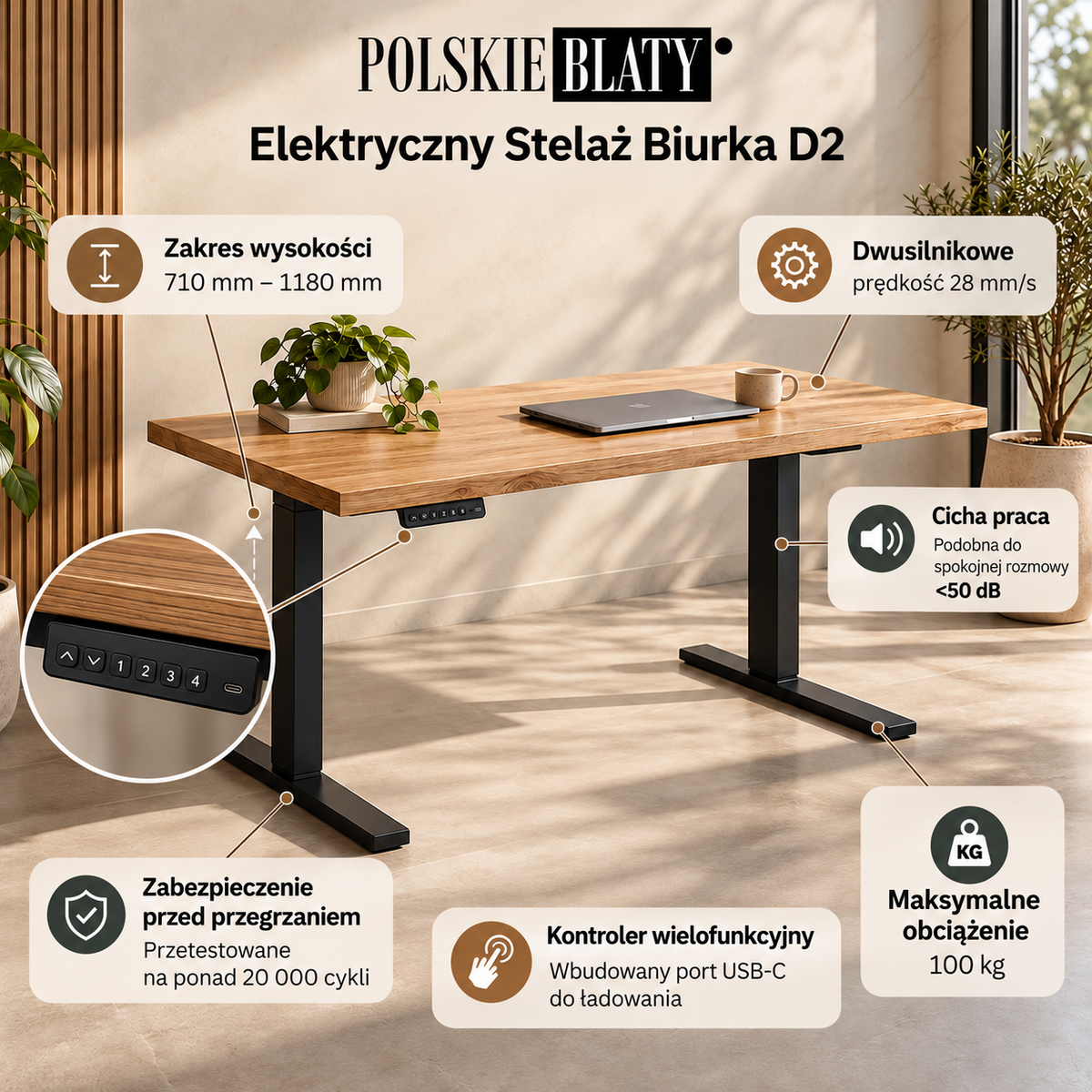 d2 dwusilnikowy stelaż biurka elektrycznego - czarny