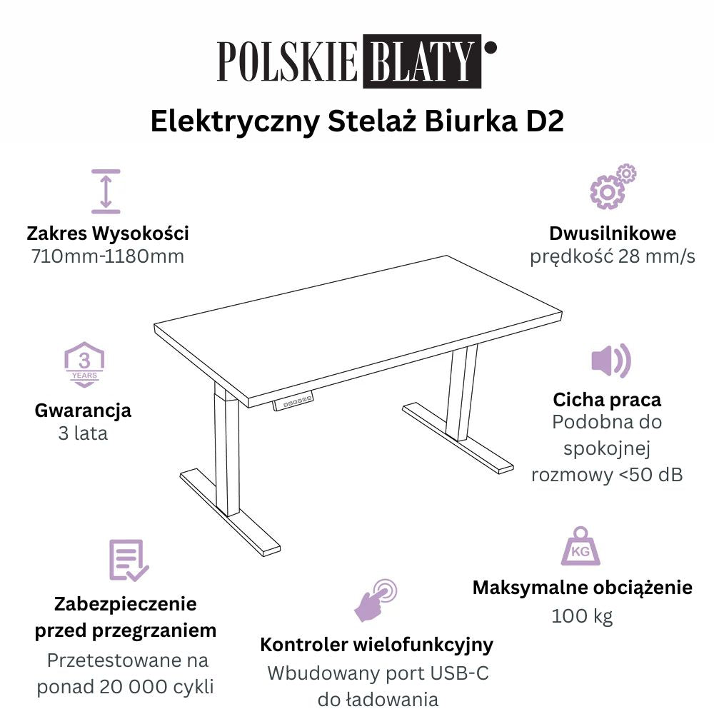 Biurko regulowane elektrycznie, dwusilnikowe D2 – czarne z blatem Dąb Natura - instrukcja