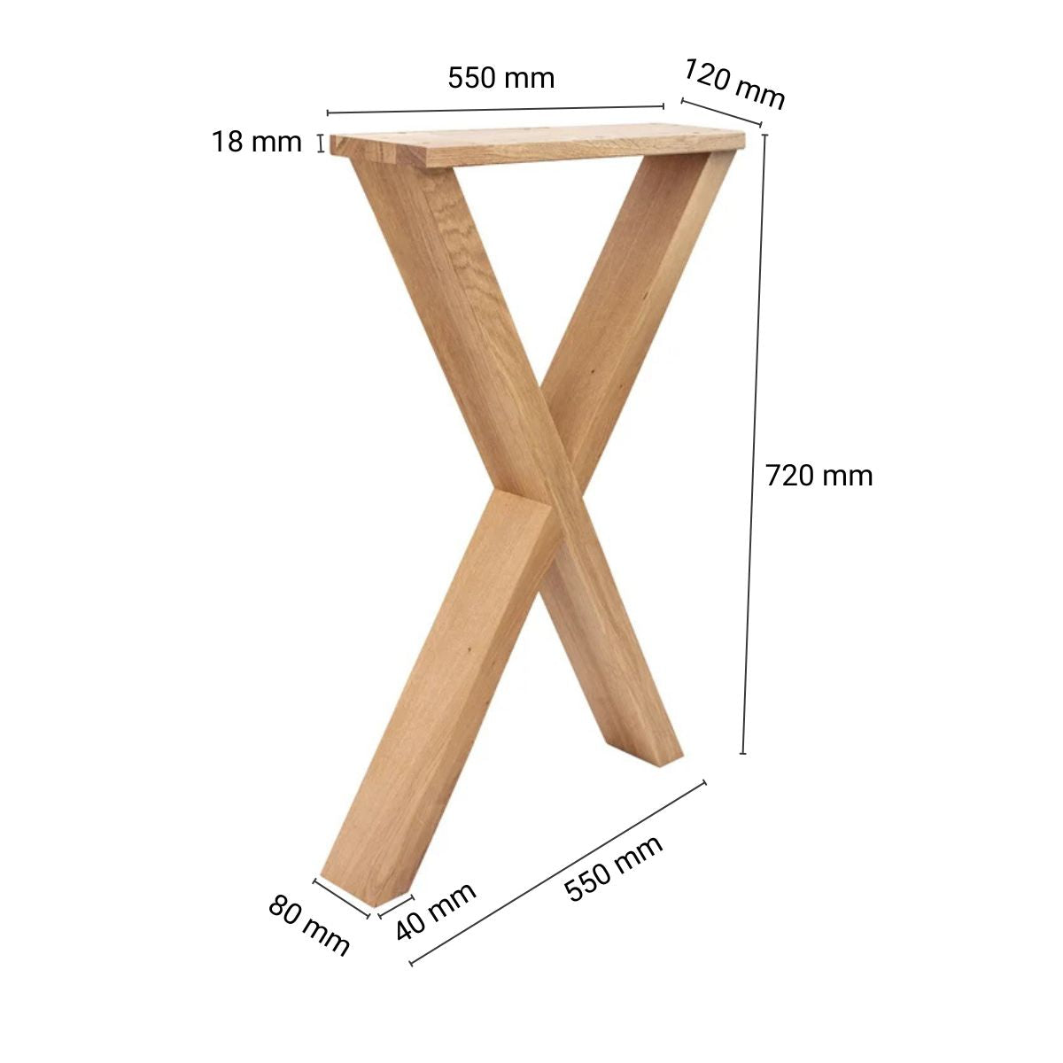 Nogi do biurka dębowe X – 720 × 550 mm, 80×40 mm-1