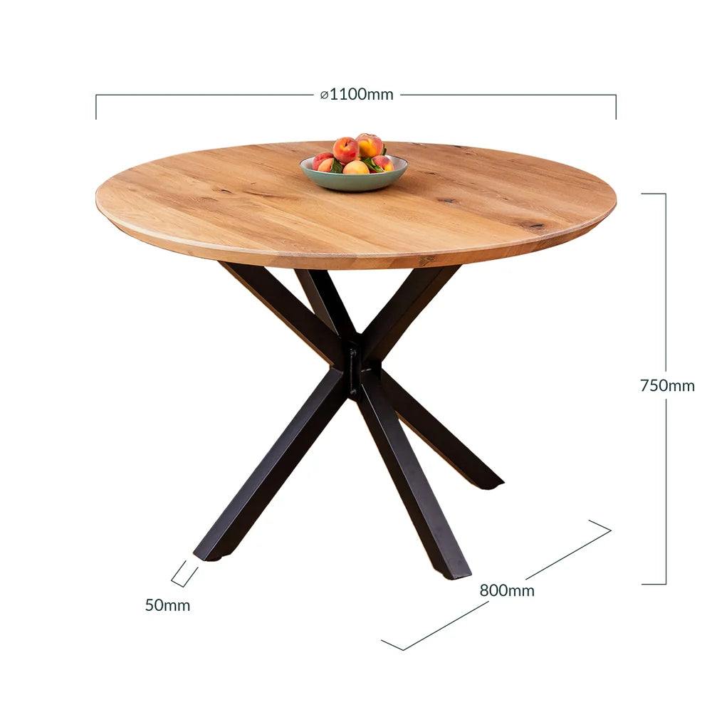 Stół okrągły dębowy 1100 mm – lity dąb rustykalny, noga SPIDER