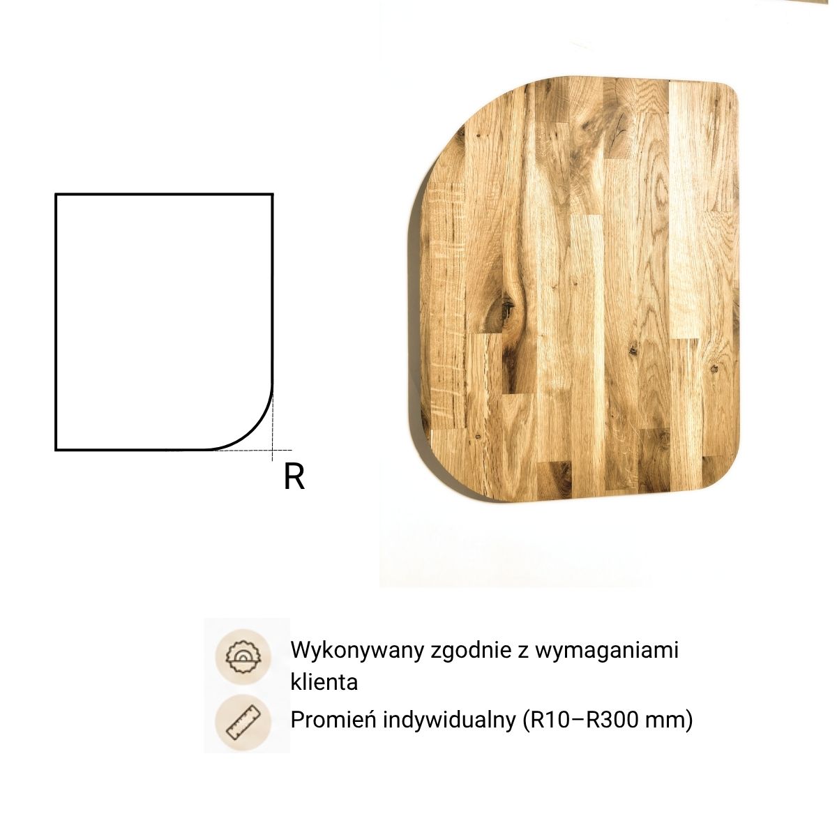 Usługa zaoblenie rogów blatu - Promień indywidualny (R10–R300 mm)